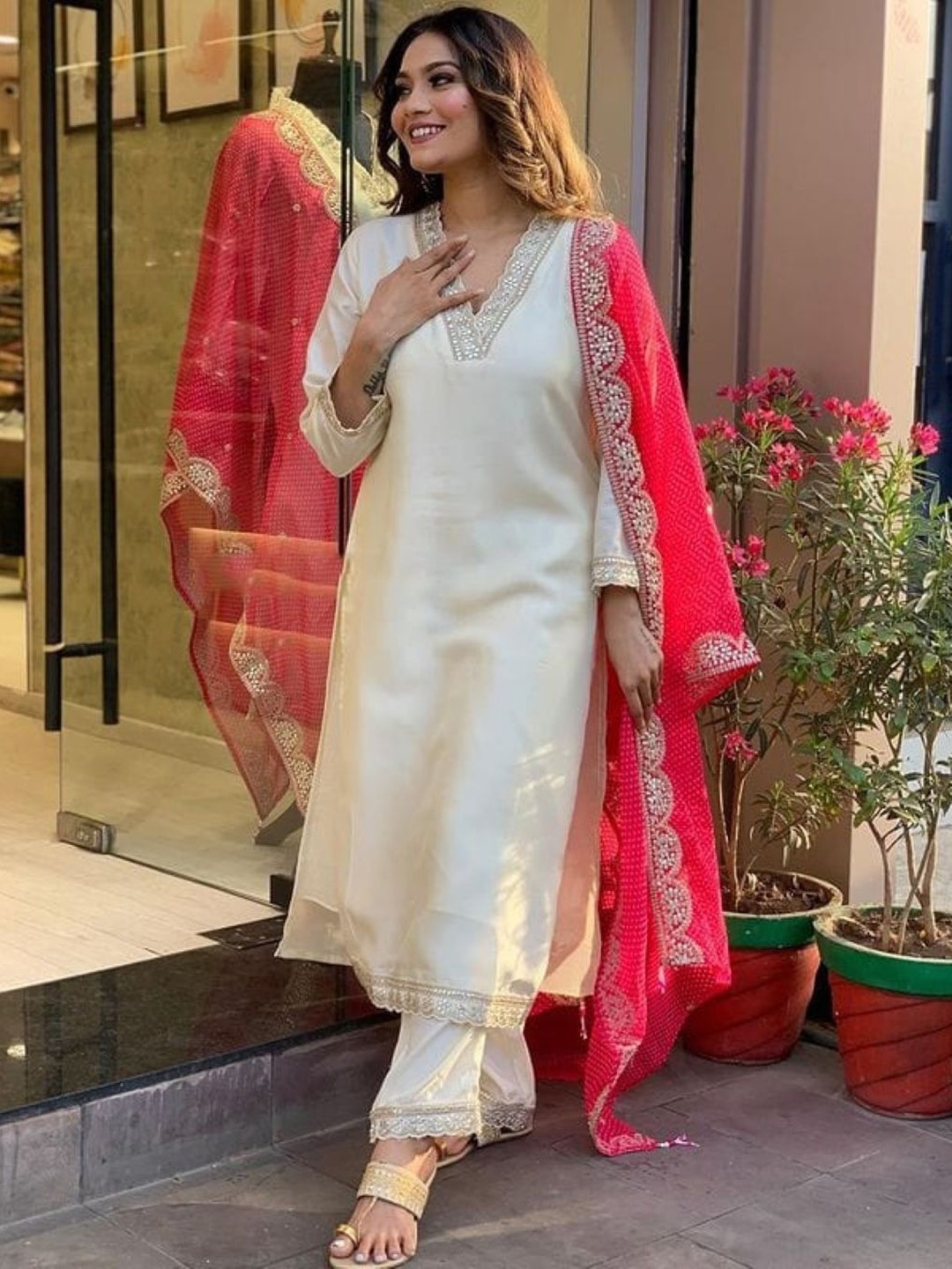 

NKV Floral Embroidered V Neck Gotta Patti Kurta With Trousers And Dupatta, Cream