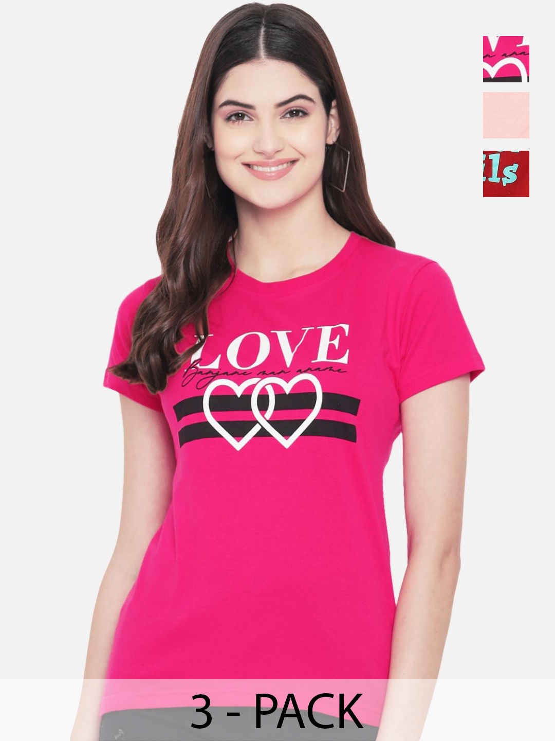 

Dreambe Women Pack Of 3 Typography Printed Round Neck Cotton T-shirts, Pink