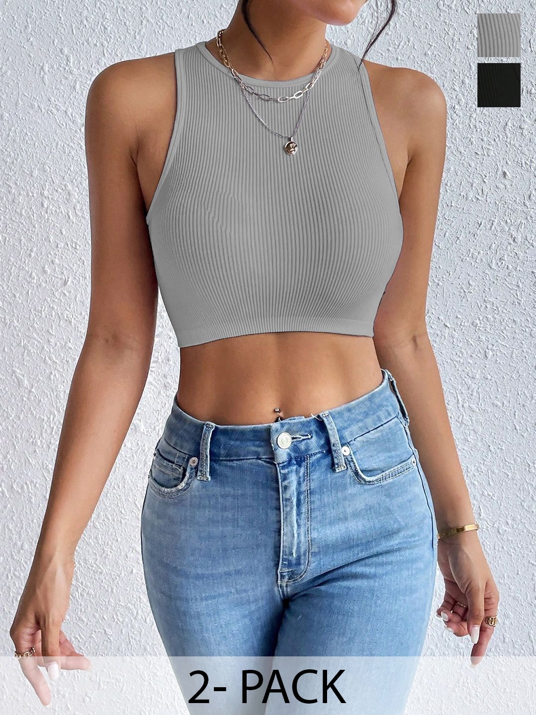 

BAESD Solid Black & Grey Sleeveless Lycra Round Neck Crop Top