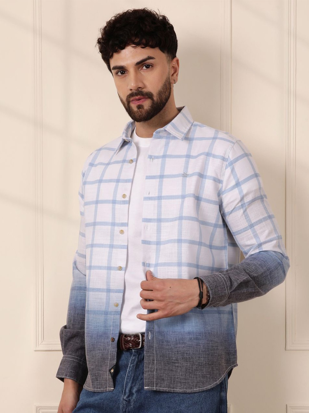 

WROGN Men Comfort Fit Spread Collar Windowpane Checked Cotton Casual Shirt, White