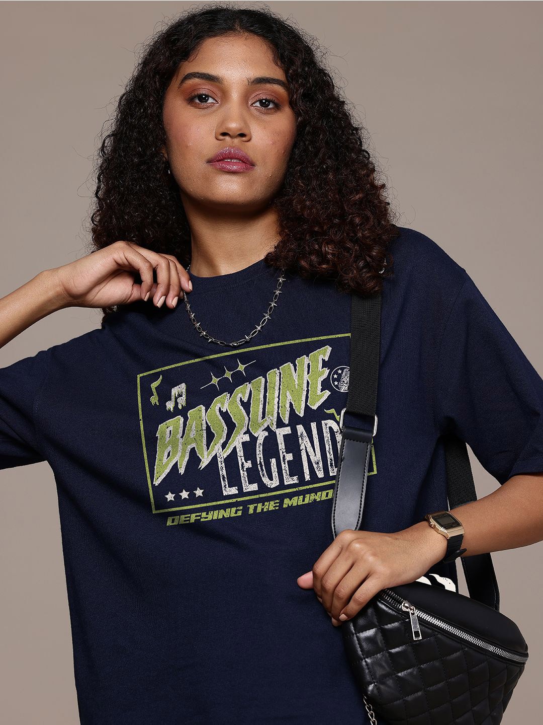 

The Roadster Lifestyle Co. Women Typography Printed Round Neck Cotton Oversized T-shirt, Navy blue