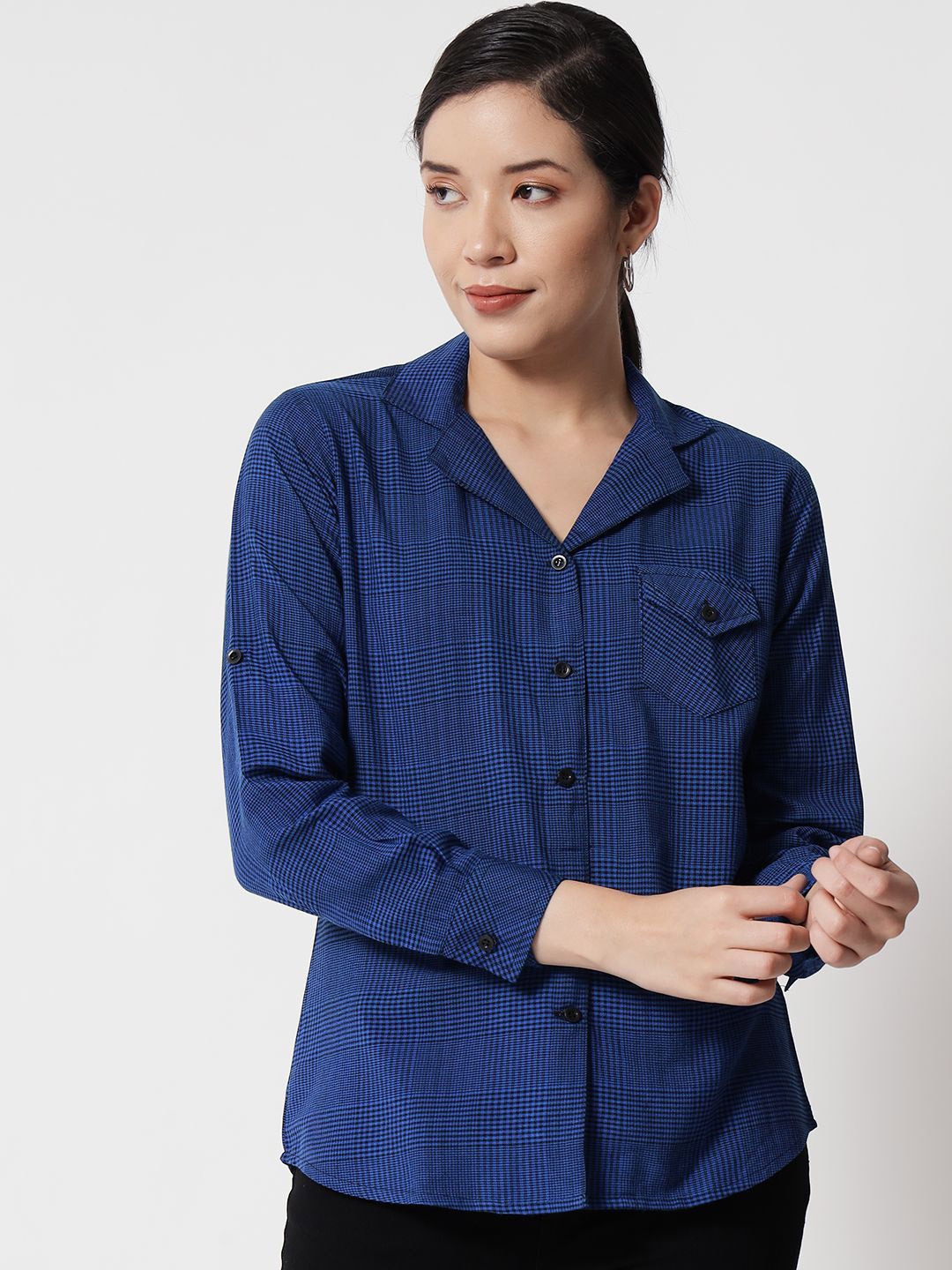 

ANGOORI FASHION Women Straight Fit Spread Collar Checked Cotton Casual Shirt, Blue