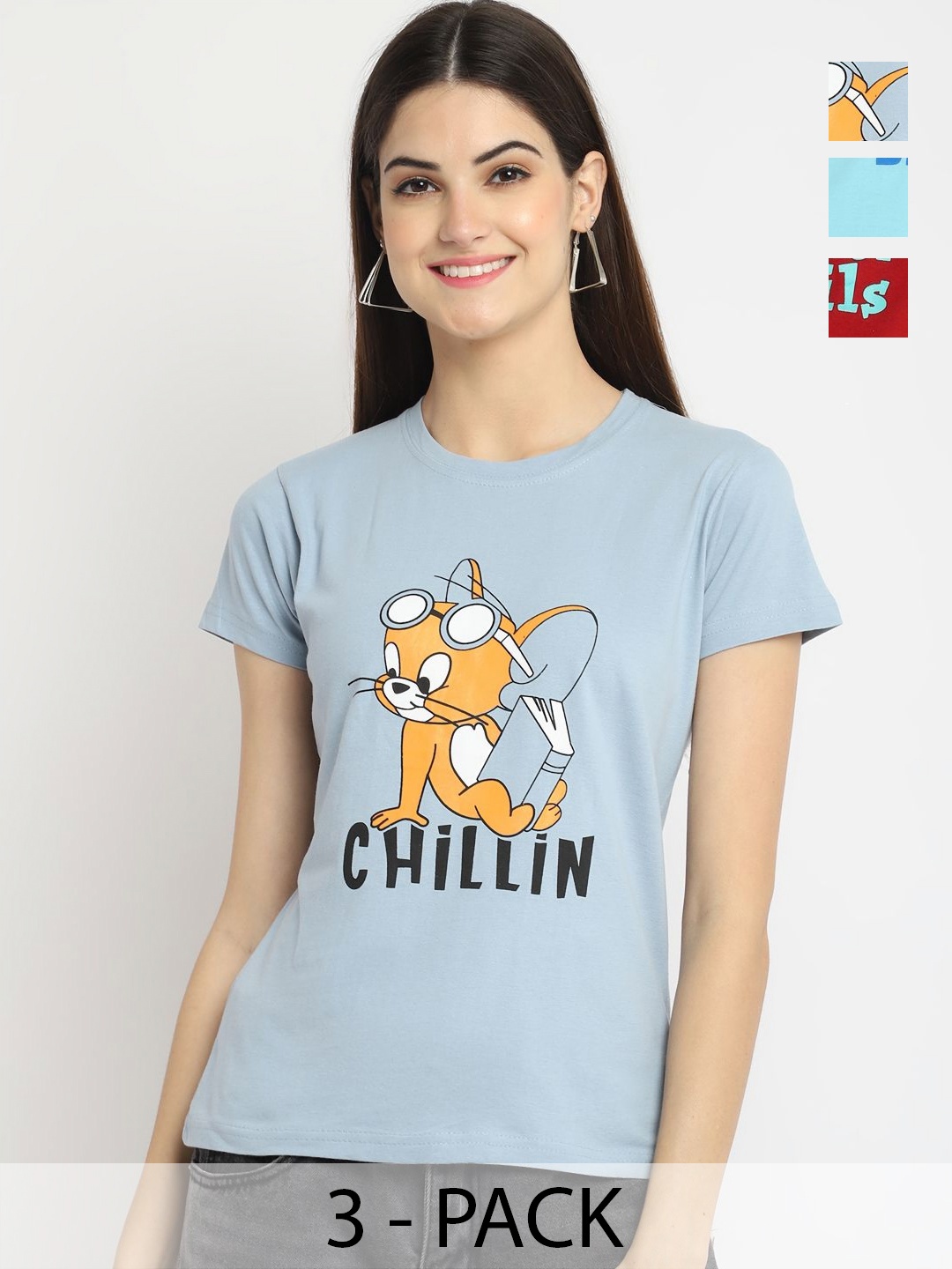 

Dreambe Women Pack Of 3 Tom & Jerry Graphic Printed Round Neck Cotton T-shirts, Grey