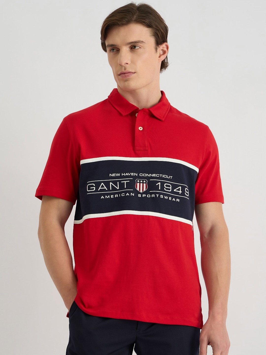 

GANT Men Colourblocked Polo Collar Cotton T-shirt, Red