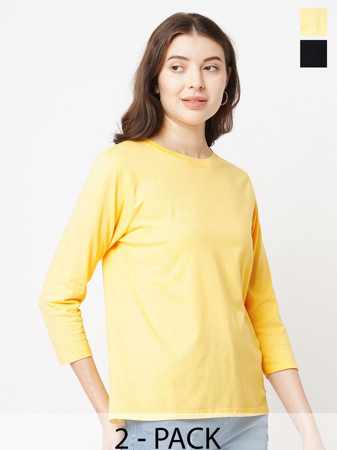 

The Roadster Lifestyle Co. Women Pack Of 2 Solid Round Neck Cotton T-shirts, Yellow