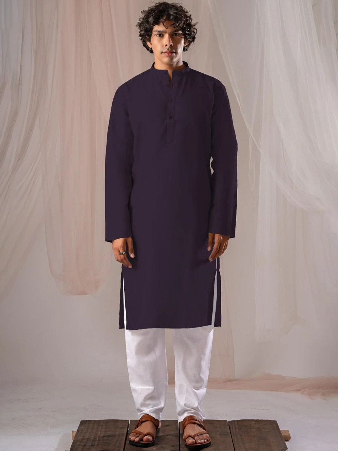 

5 Stitch Band Collar Straight Kurta With Pyjamas, Violet