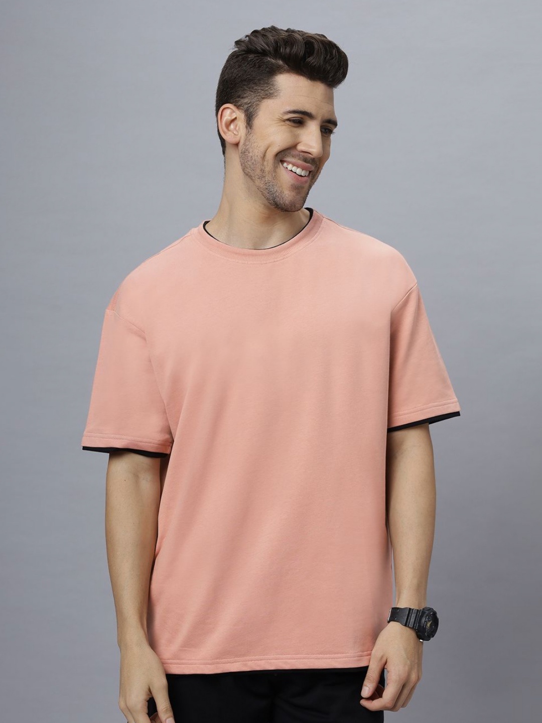

NEON CHILLIE Men Solid Round Neck Cotton Relaxed Fit T-shirt, Peach