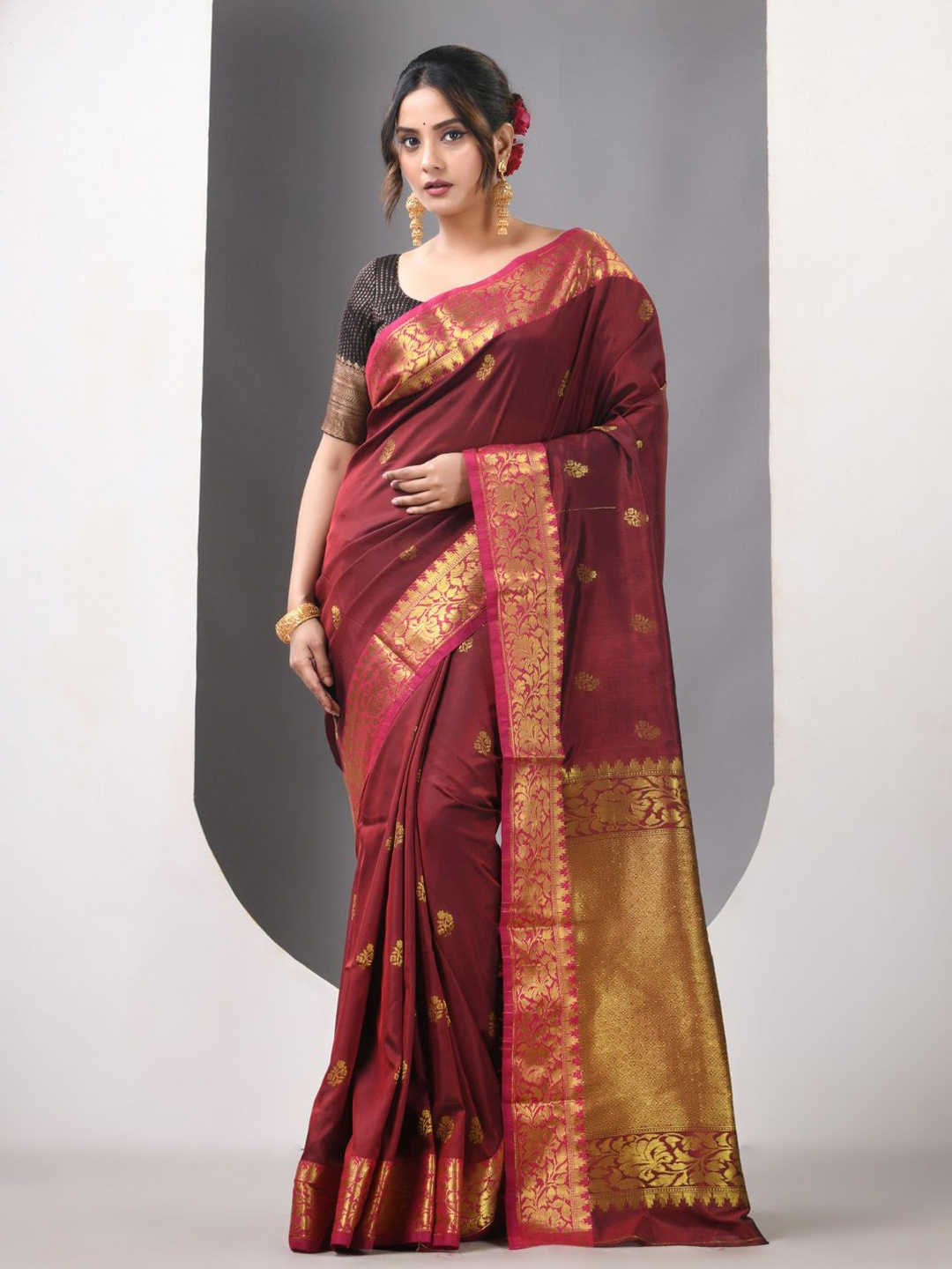 

Charukriti Ethnic Motifs Zari Silk Blend Designer Saree, Maroon