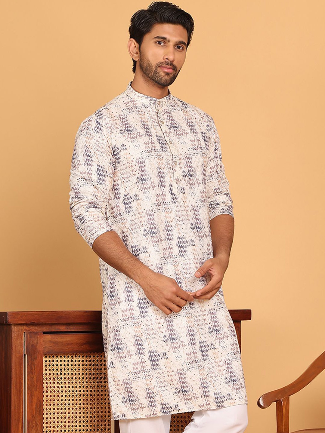 

Anouk Beige Abstract Embroidered Mandarin Collar Sequinned Silk Straight Kurta