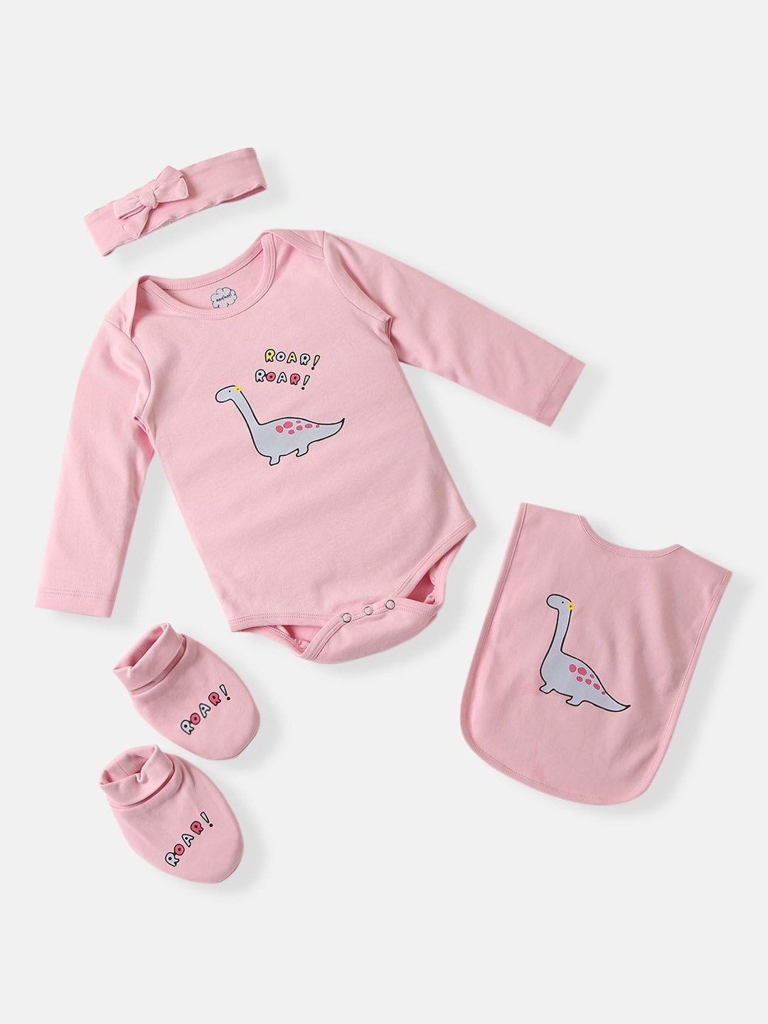 

Nauti Nati Girls Cotton Dinosaur Print Gift Set With Bib Booties & Headband, Pink