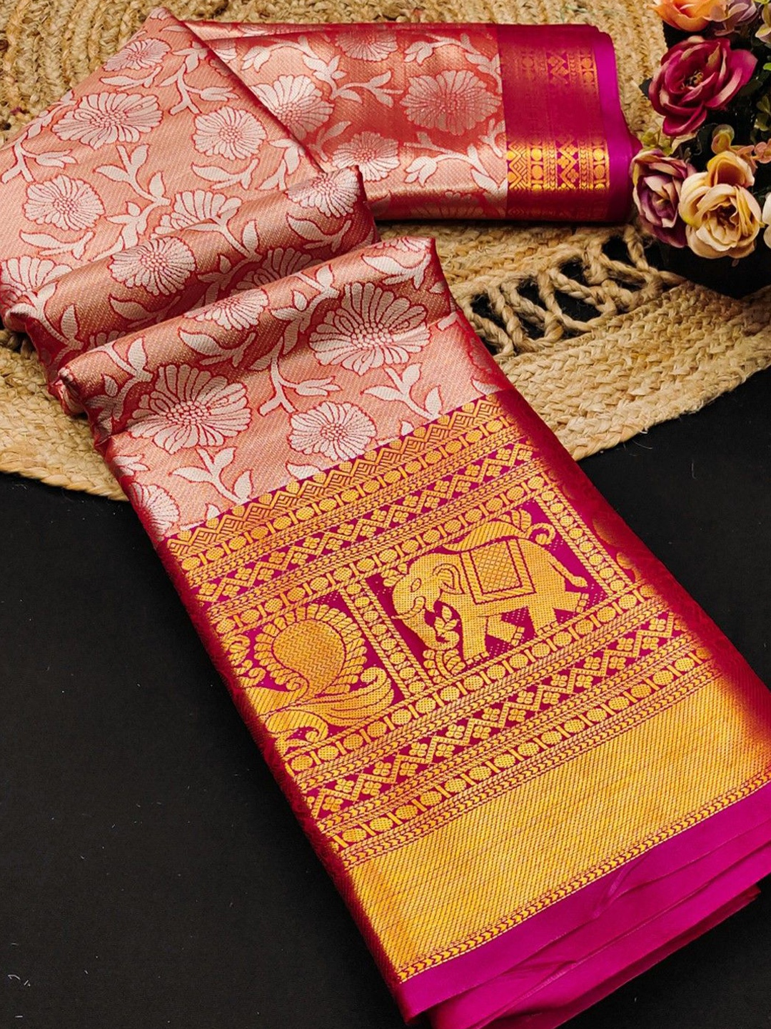 

DIVASTRI Floral Zari Pure Silk Banarasi Saree, Orange