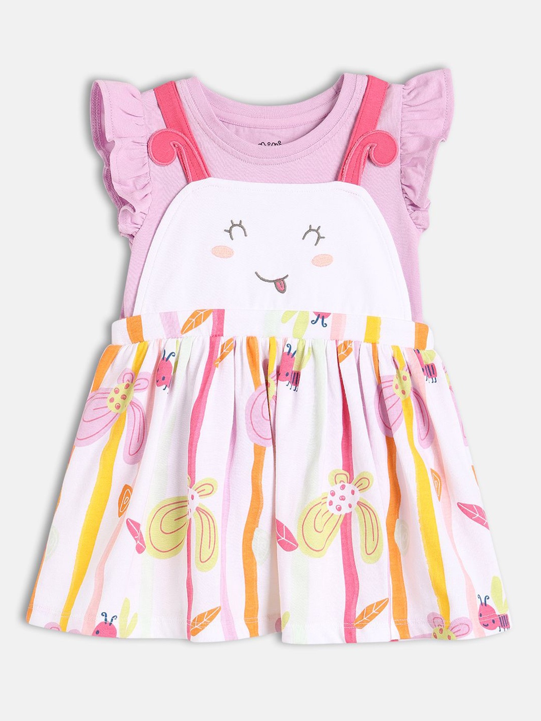 

MINI KLUB Girls Printed Shoulder Straps Neck Dungarees With Top, White