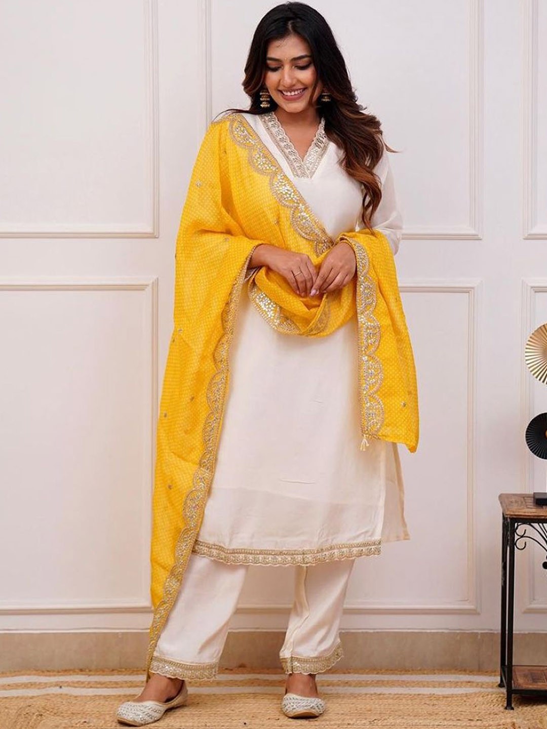 

NKV V-Neck Floral Embroidered Sequinned Straight Kurta With Trousers And Dupatta, White