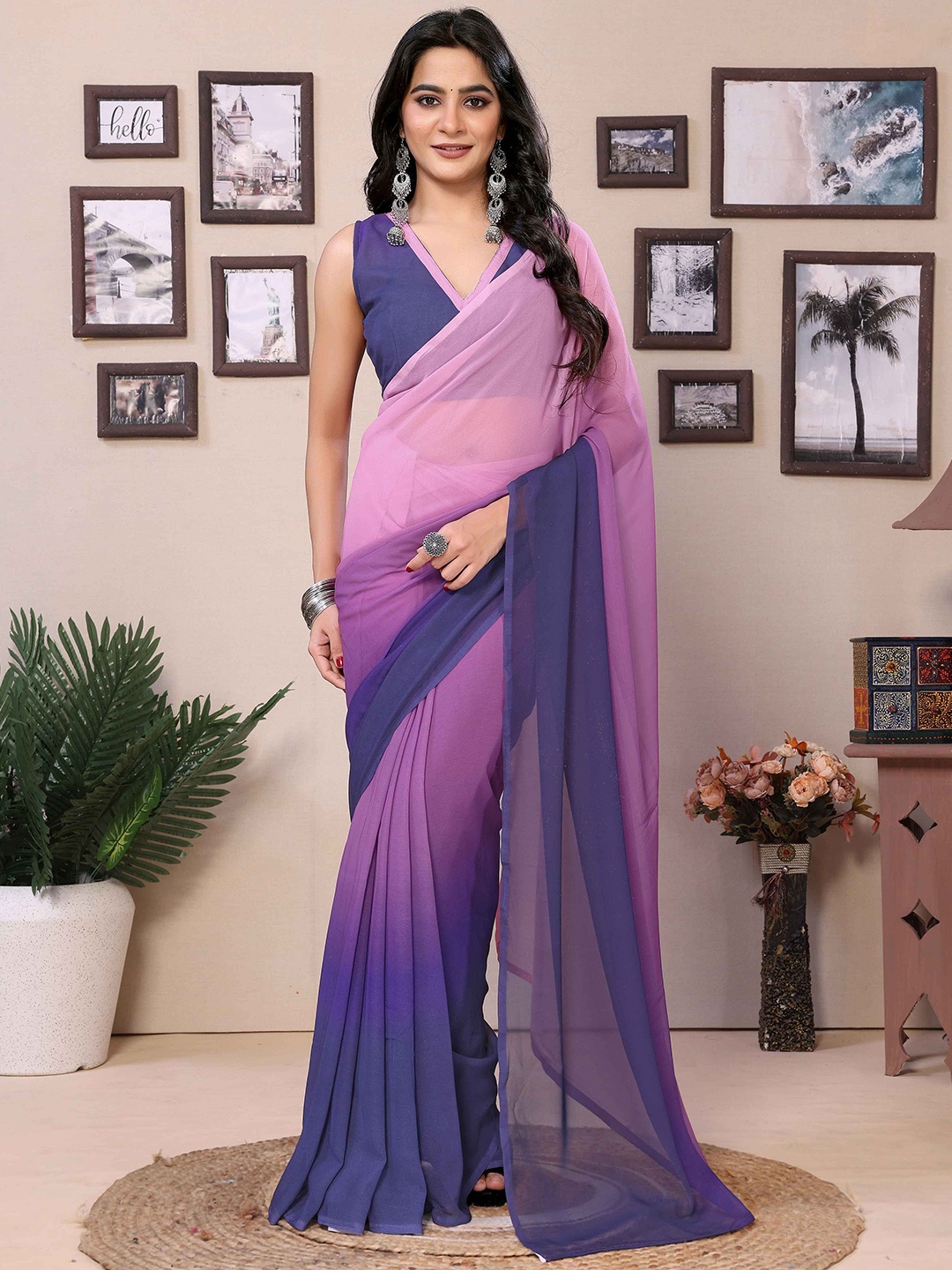 

Rhey Ombre Pure Georgette Ready to Wear Saree, Purple