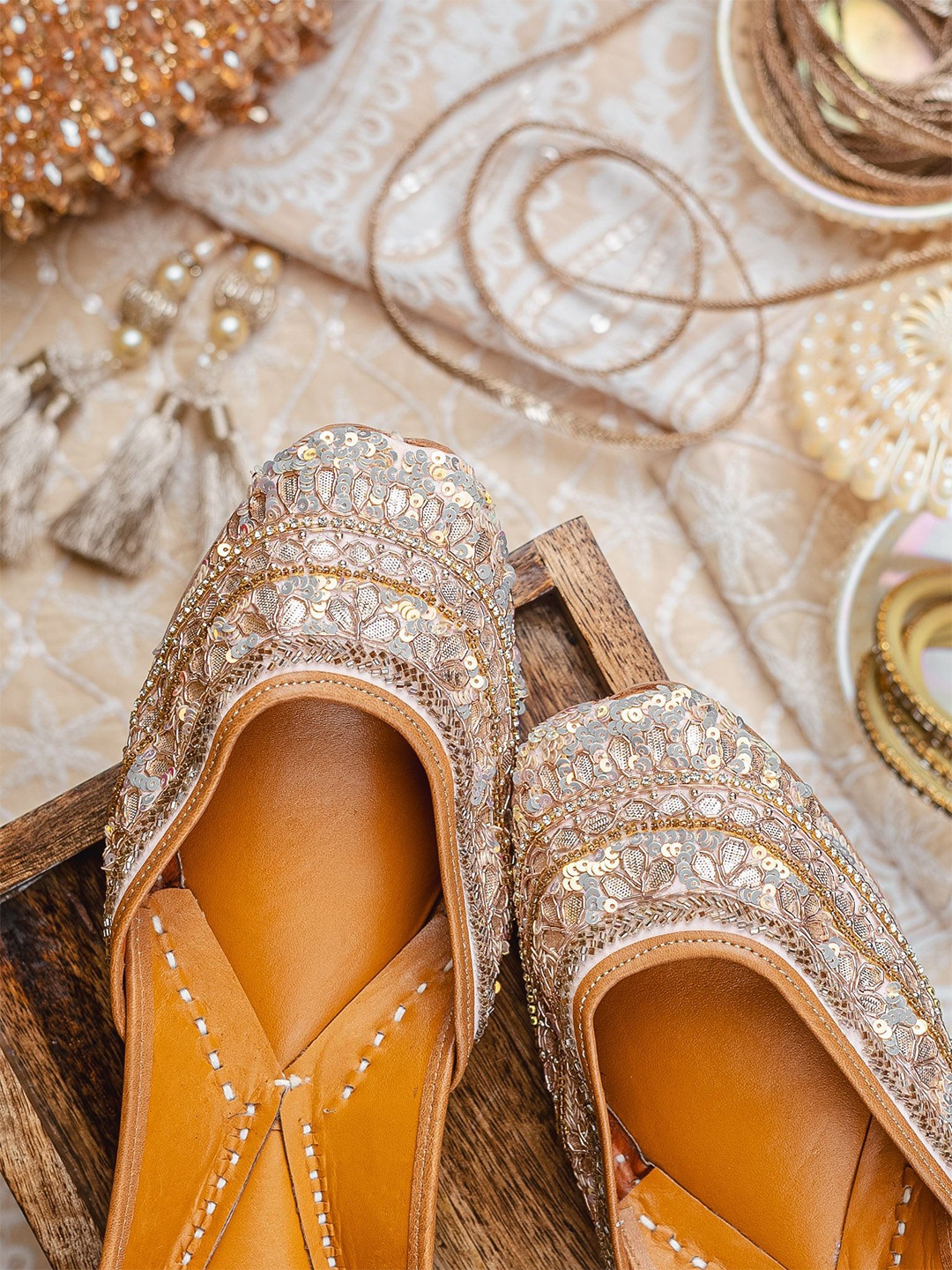 

NR By Nidhi Rathi Women Embroidered Mojaris Flats, Rose gold