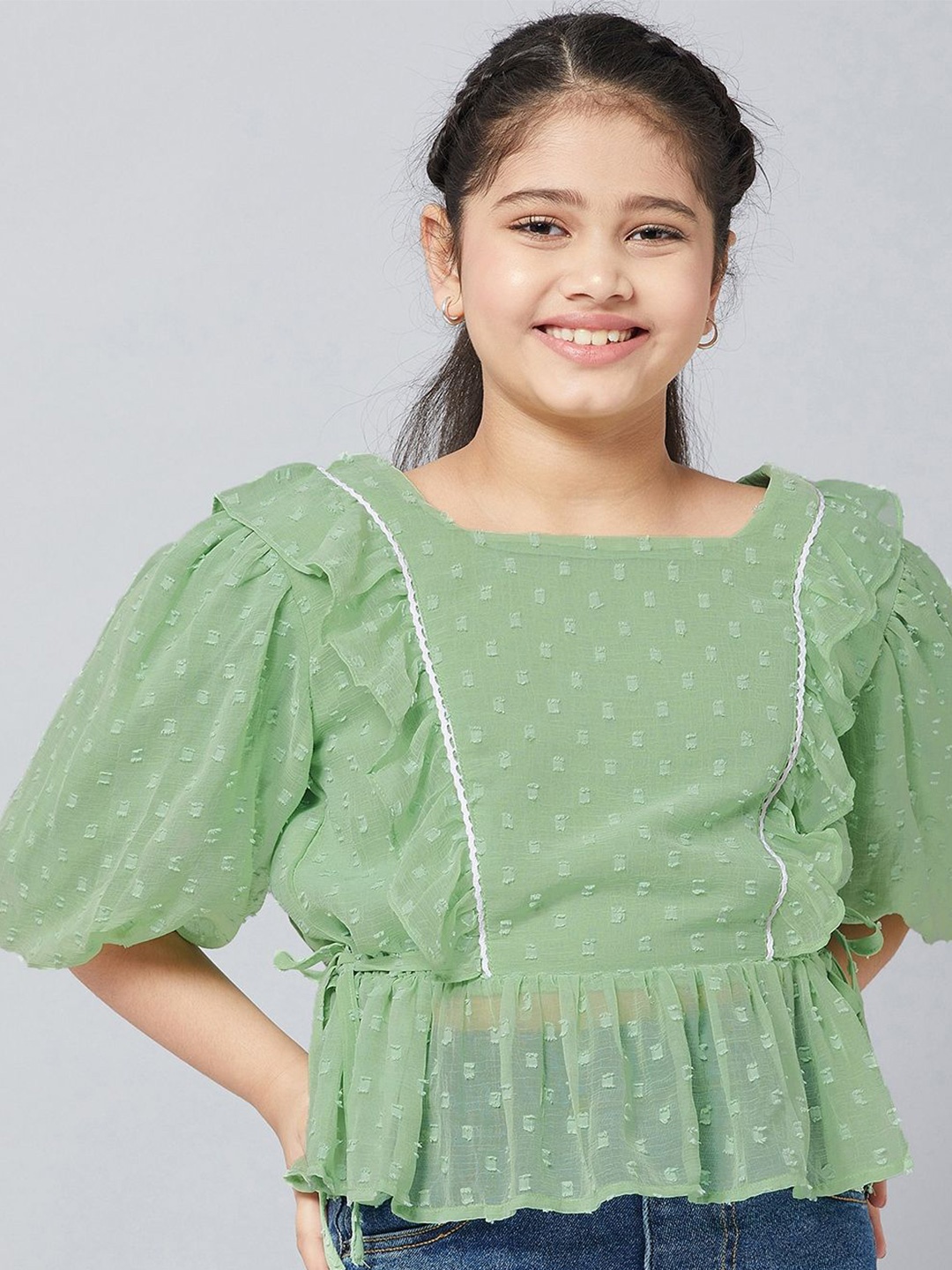 

Stylo Bug Puff Sleeve Cinched Waist Top, Green