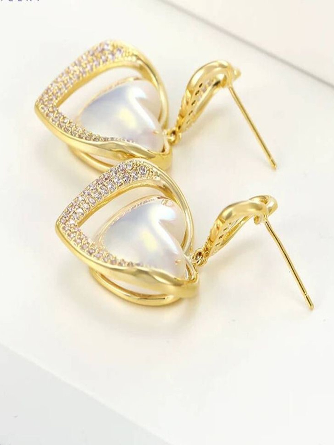 

Celestique Artificial Stones Studded Heart Shaped Drop Earrings, Gold
