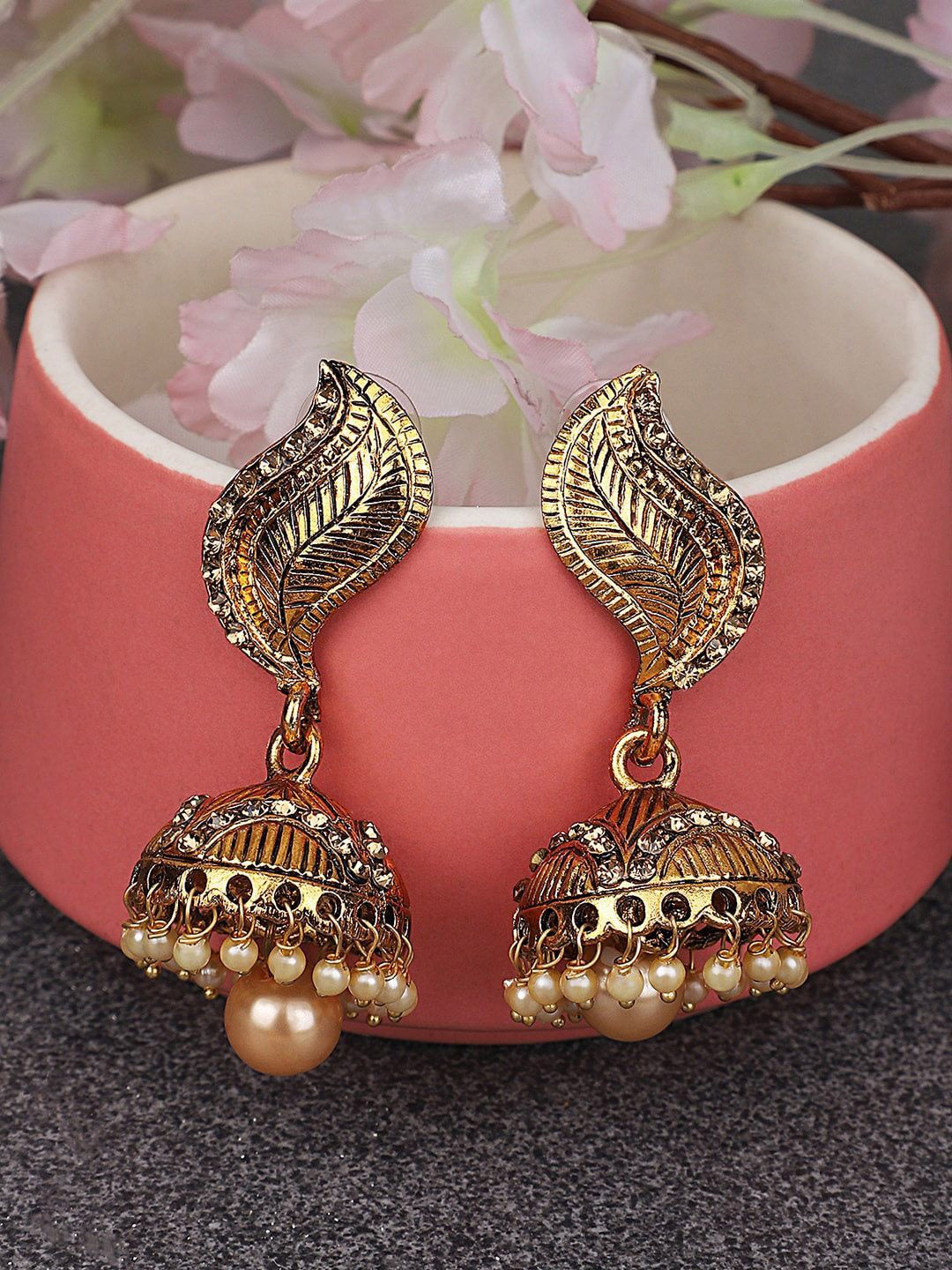 

Anouk Gold Plated Stone Studded & Beaded Dome Shaped Jhumkas