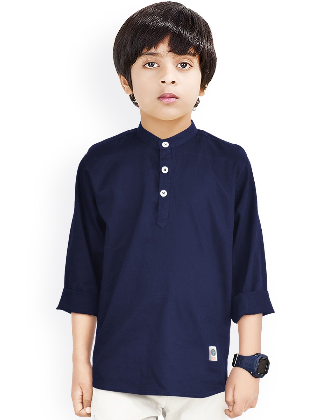 

MADE IN THE SHADE Boys Band Collar Pure Cotton Kurta, Navy blue