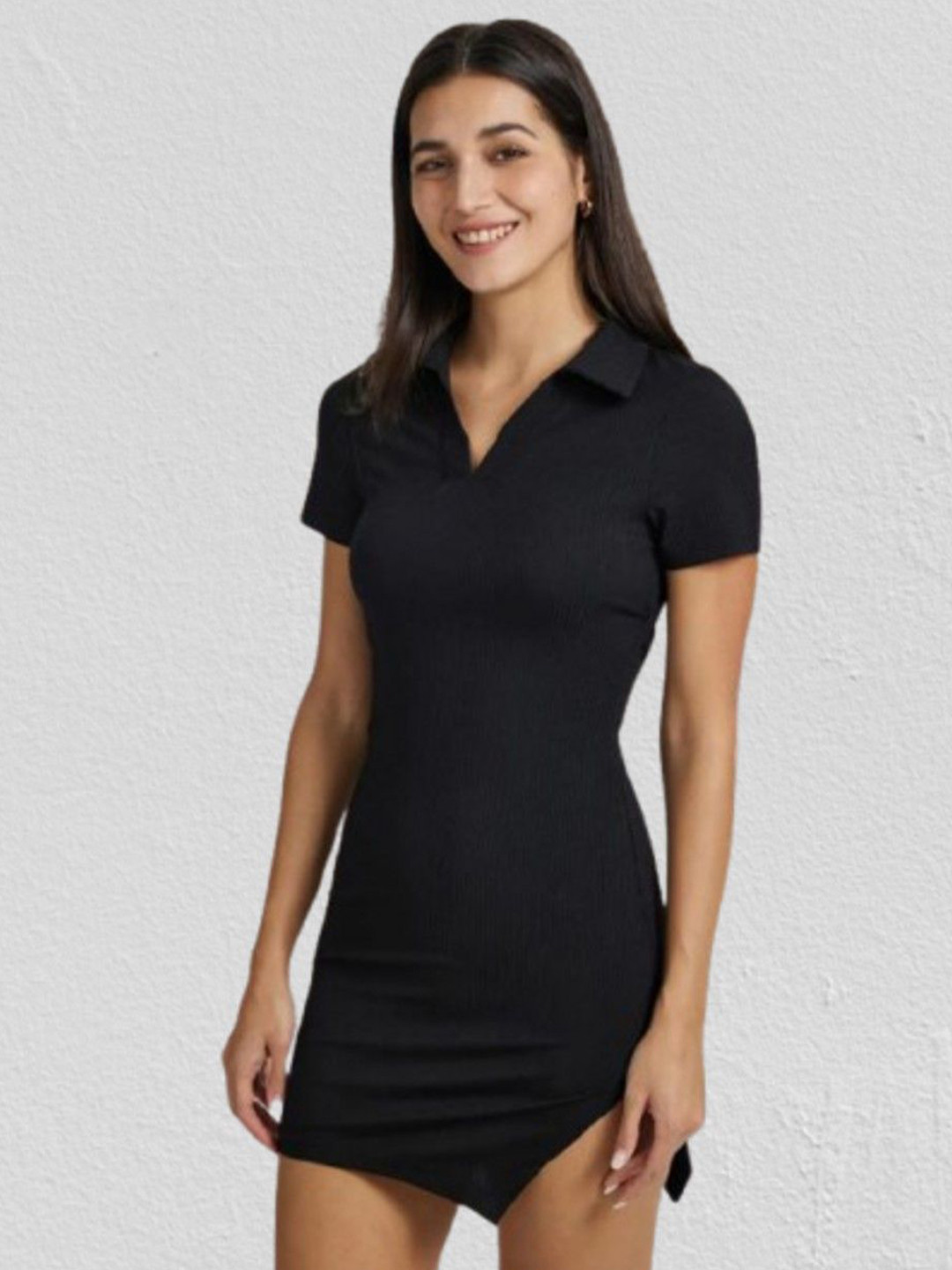 

Moda Rapido Women Shirt Collar Bodycon Dress, Black