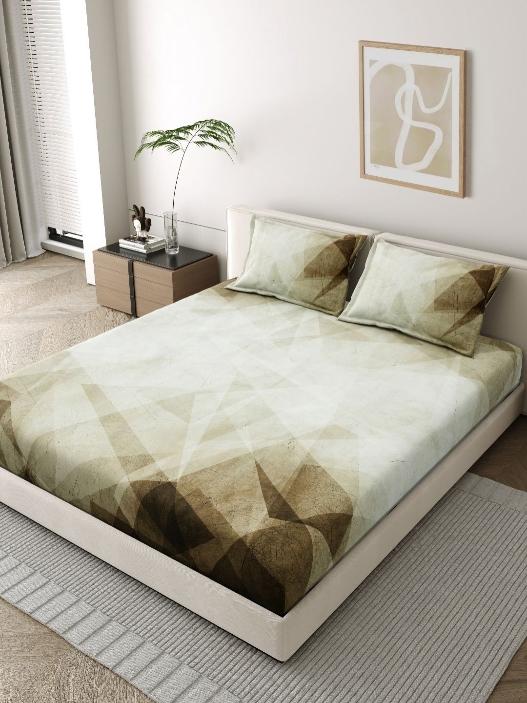 

EverHOME White Geometric Printed 210 TC Pure Cotton King Bedsheet Set 2.74cm x 2.74cm, Brown