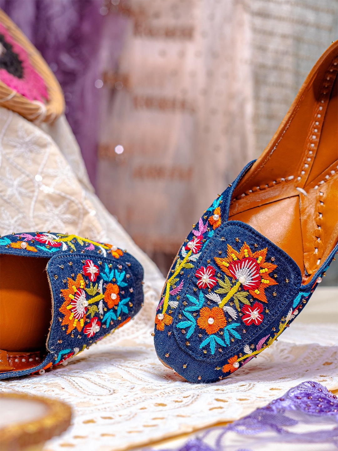 

NR By Nidhi Rathi Women Embroidered Mojaris Flats, Navy blue