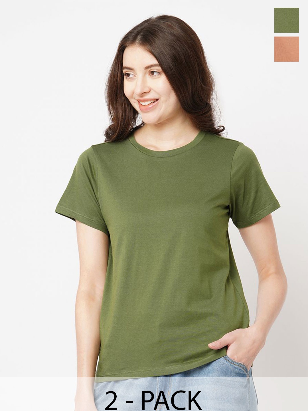 

The Roadster Lifestyle Co. Women Pack Of 2 Solid Round Neck Cotton T-shirts, Olive