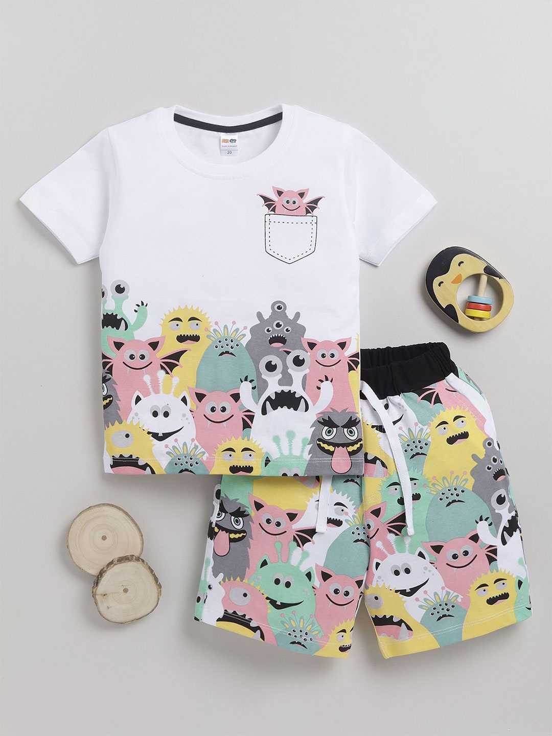 

LITTLE NINJA Boys Printed Round Neck Pure Cotton T-Shirt With Shorts, White