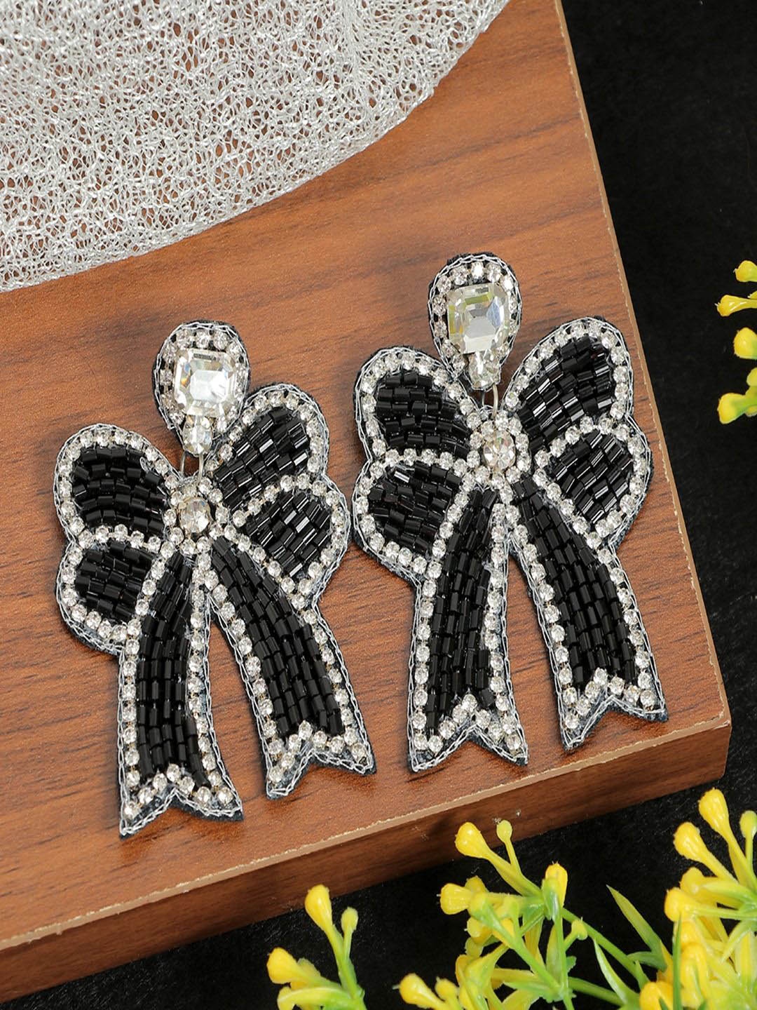 

DressBerry Gold Plated & Blue Stones Studded & Beaded Contemporary Drop Earrings, Black