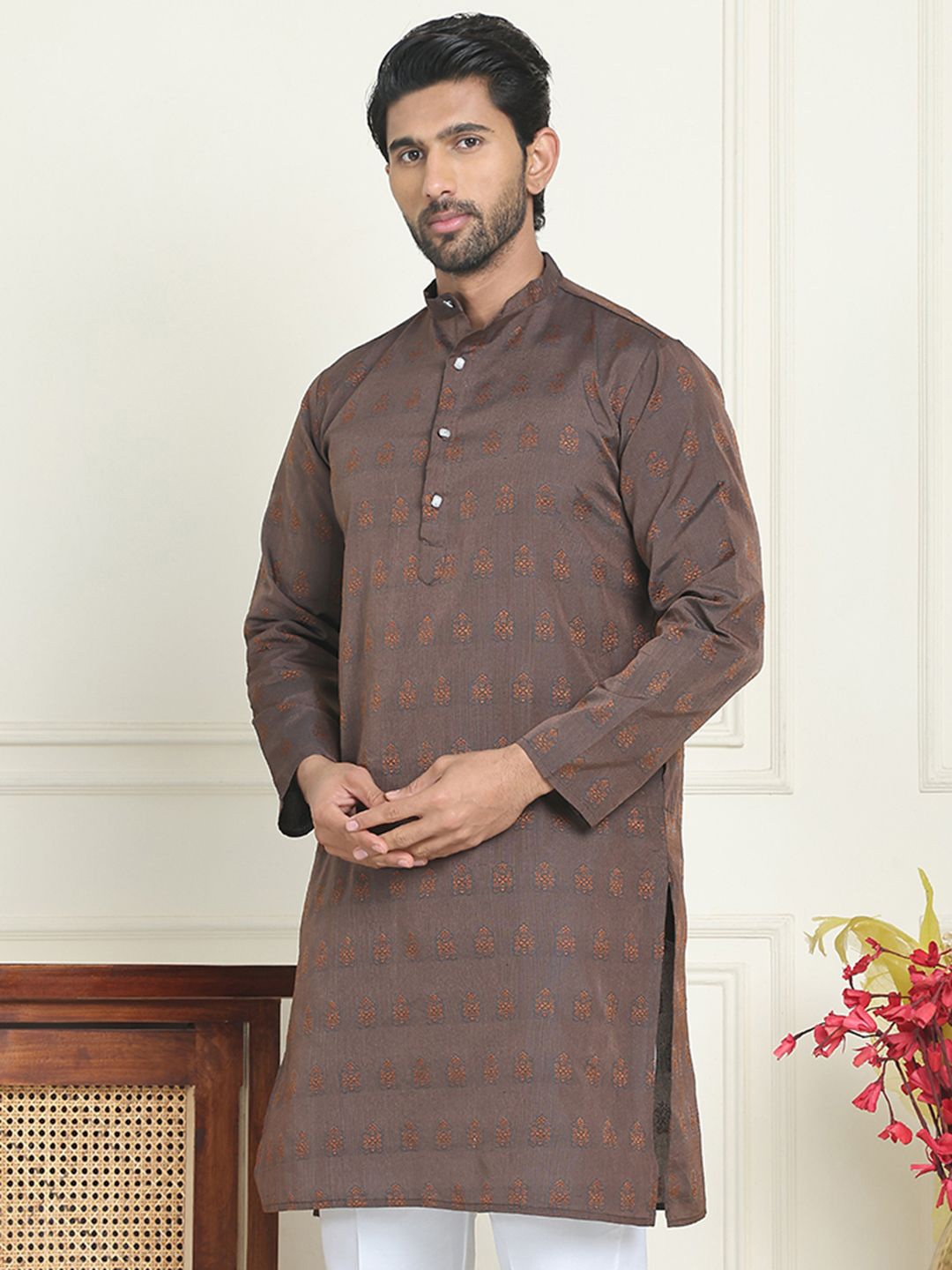 

Anouk Coffee Brown Floral Jacquard Woven Design Band Collar Straight Kurta