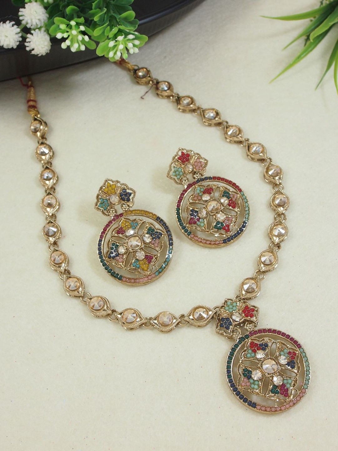 

I Jewels Gold-Plated Artificial Stones Studded & Beaded Jewellery Set