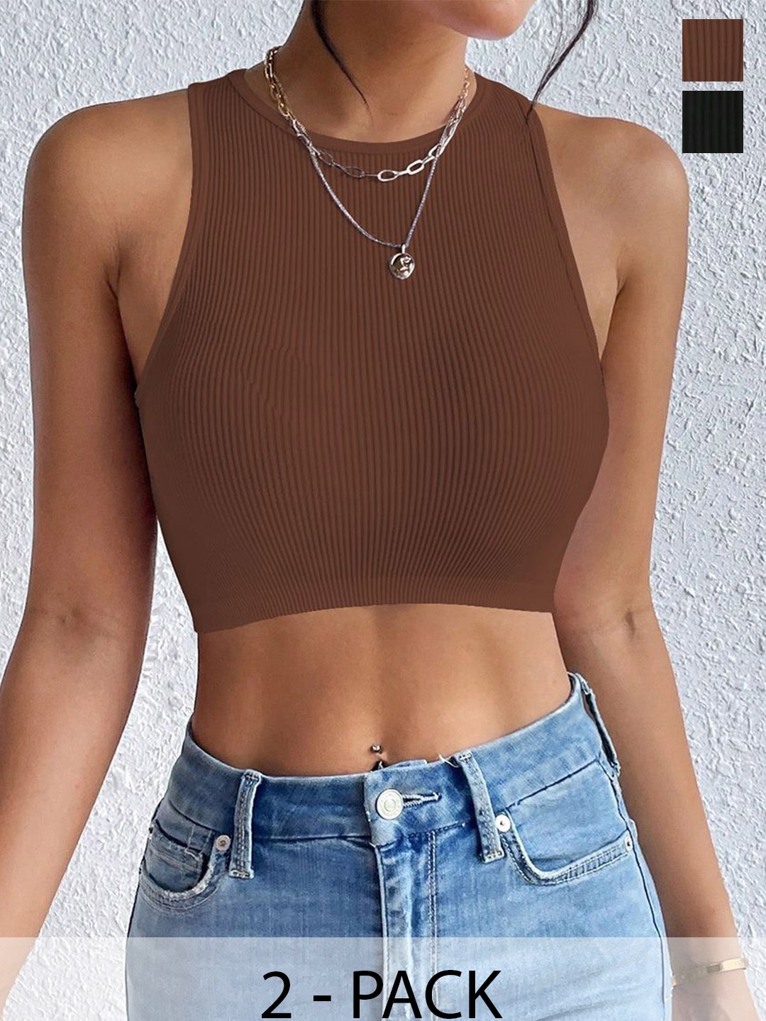 

TOOCHKI Women Pack Of 2 Ribbed Ribbed Round Neck Tops, Brown