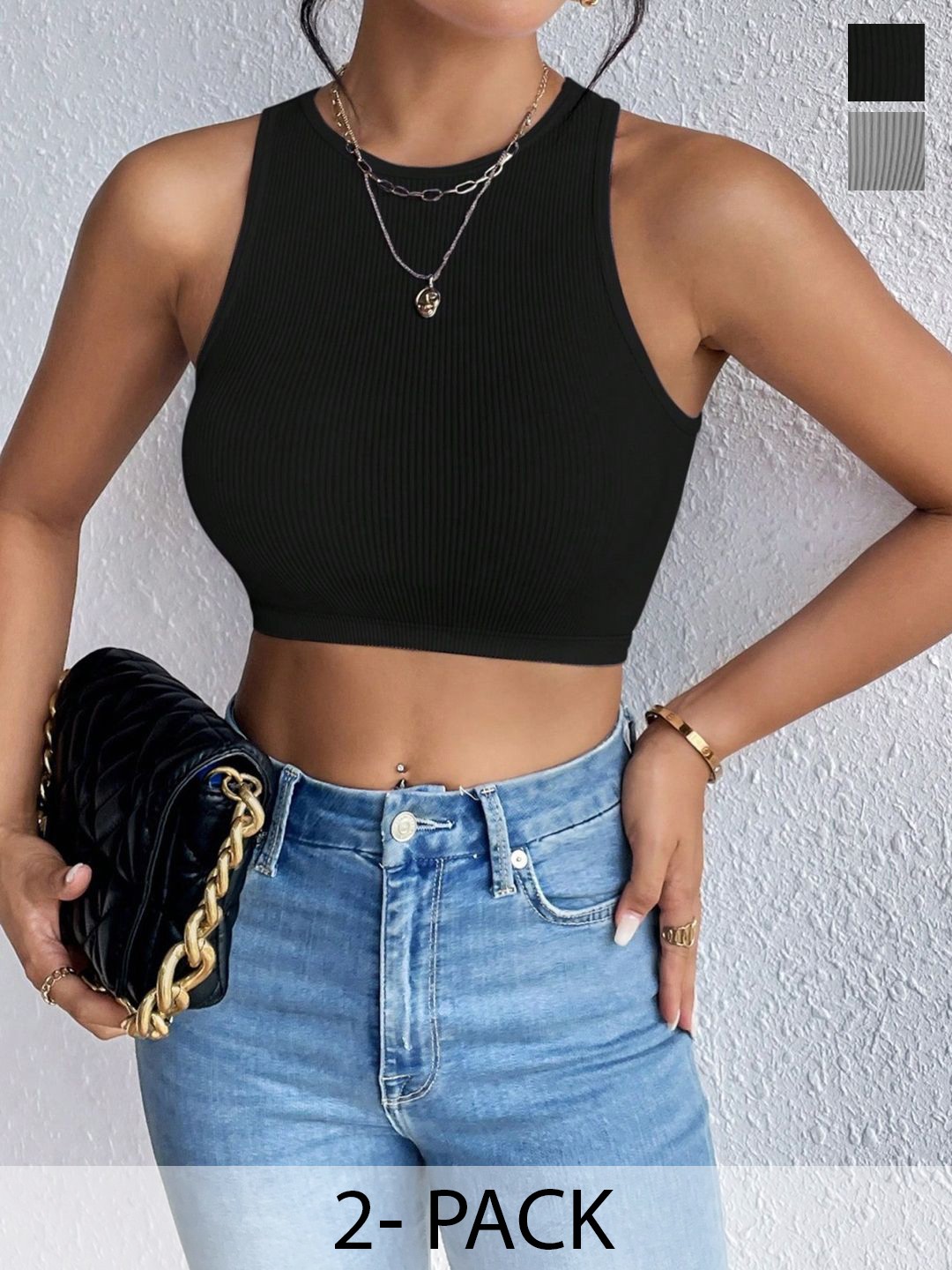 

BAESD Pack Of 2 Round Neck Sleeveless Crop Top, Black
