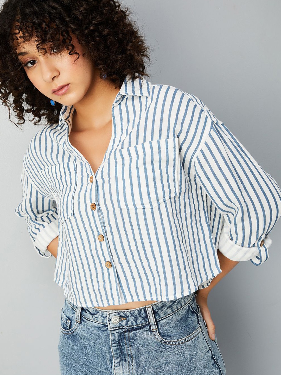 

max Women Boxy Fit Spread Collar Vertical Striped Cotton Casual Shirt, Blue