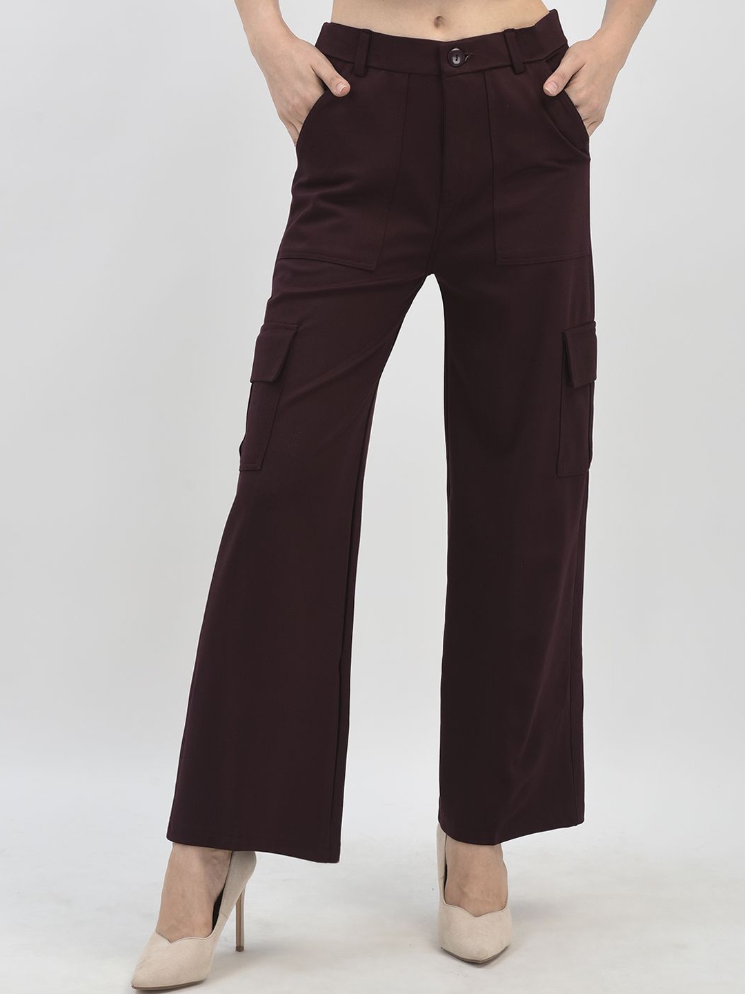 

FNOCKS Women Relaxed Straight Leg Flared Cargos Trousers, Burgundy