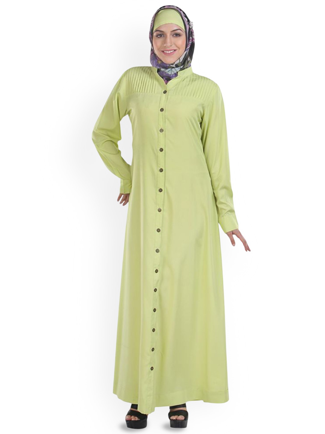 

MOMIN LIBAS Pleated Button Detailing Abaya Burqa, Lime green