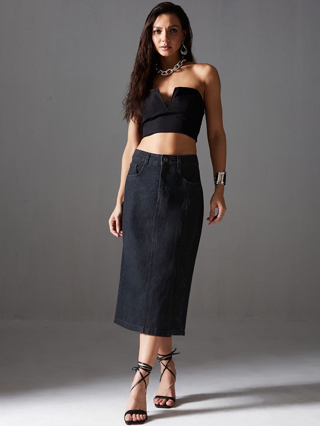 

Miss Chase High Rise Midi Slit Stretchable Skirt, Black