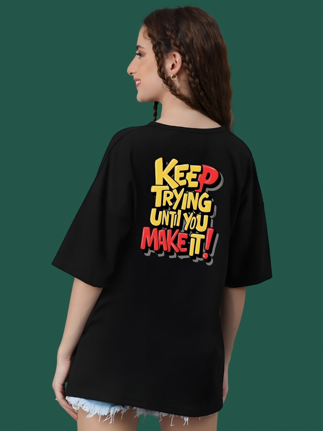 

DressBerry Women Typography Printed Round Neck Cotton Oversized T-shirt, Black