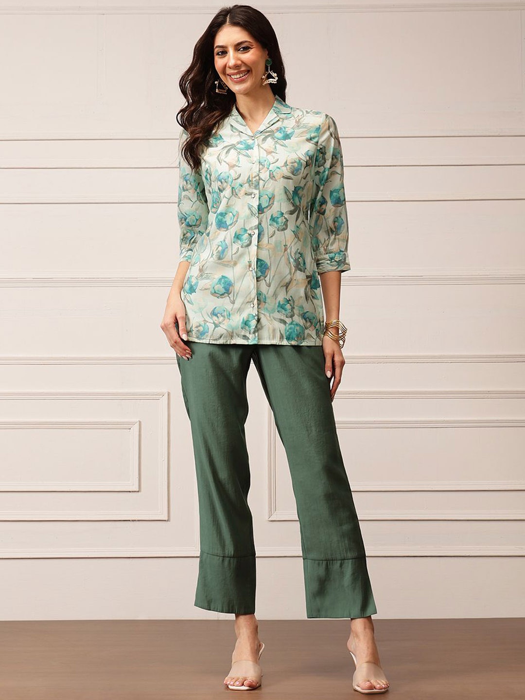 

HOUSE OF S Floral Printed Lapel Collar Neck Shirt With Trousers Co-Ords, Green