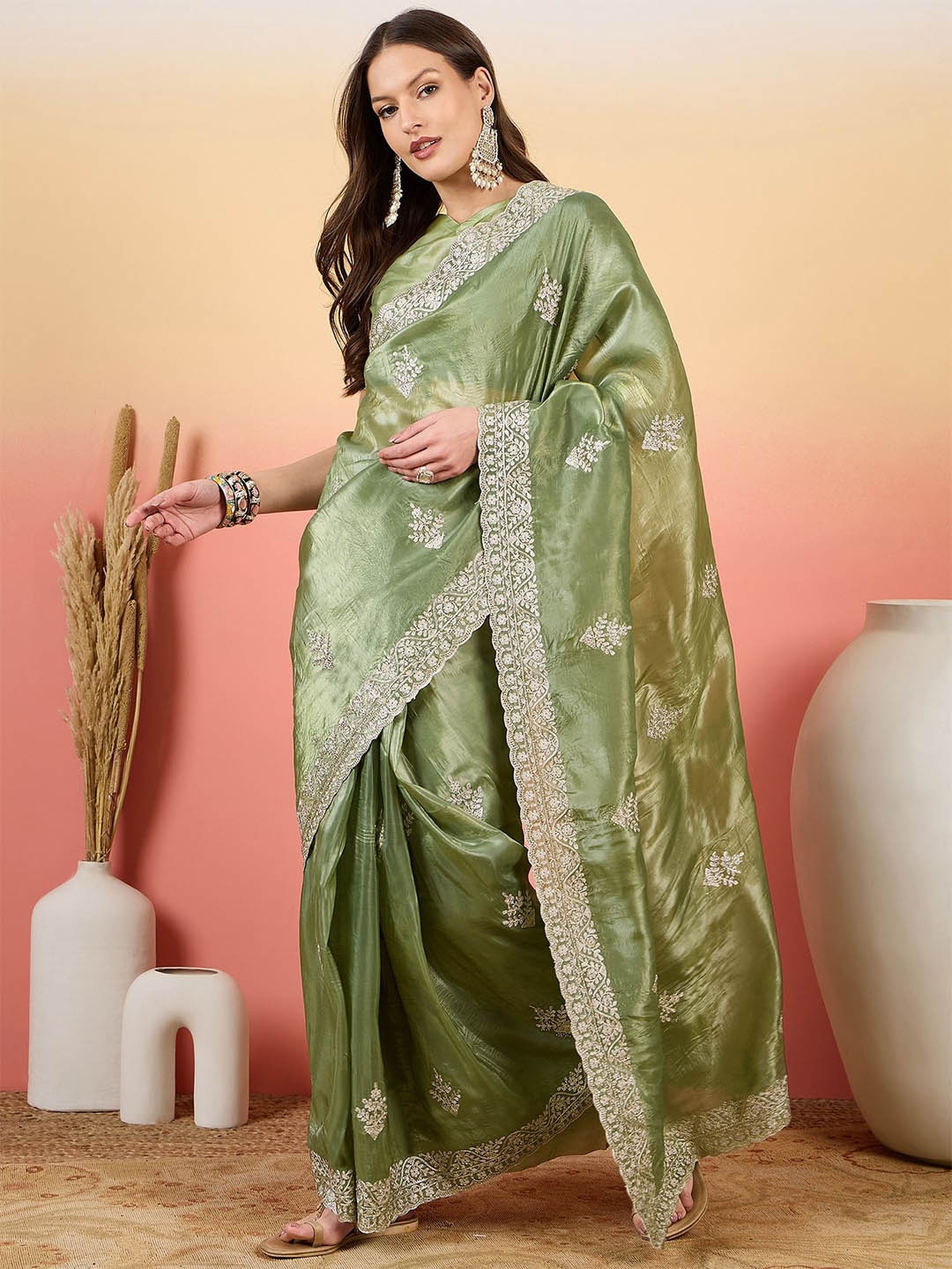

Sangria Women Embroidered Saree With Blouse, Sea green