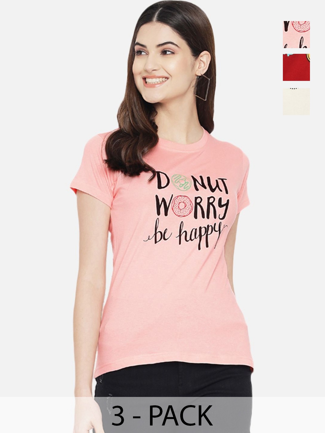 

Dreambe Women Pack of 3 Typography Printed Round Neck Cotton T-shirts, Peach