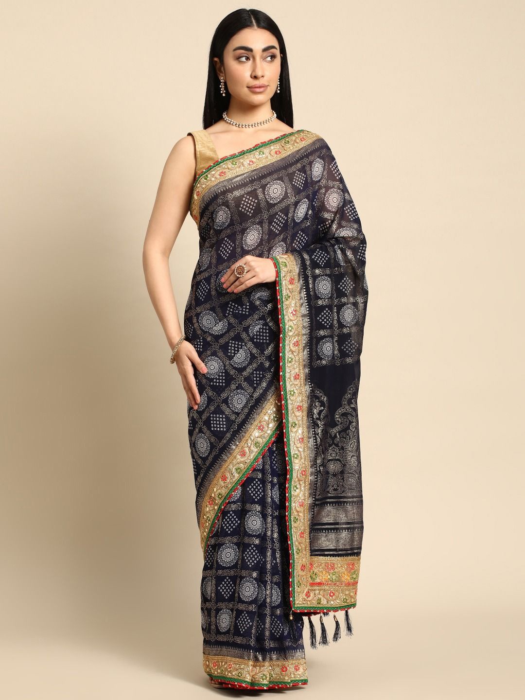 

DIVASTRI Bandhani Gotta Patti Poly Georgette Bandhani Saree, Navy blue