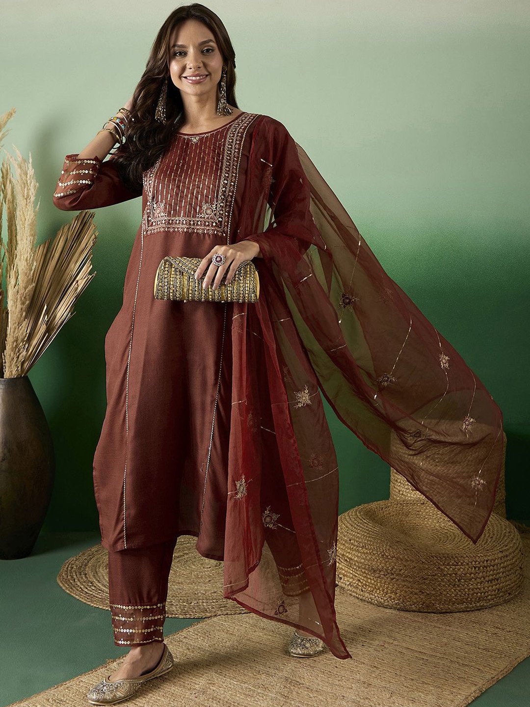 

SheWill Floral Embroidered Round Neck Sequinned Straight Kurta With Trouser & Dupatta, Rust