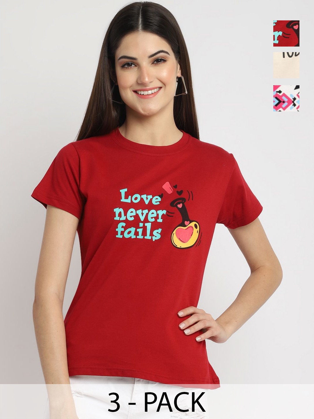 

Dreambe Women Pack Of 3 Typography Printed Round Neck Cotton T-shirts, Maroon