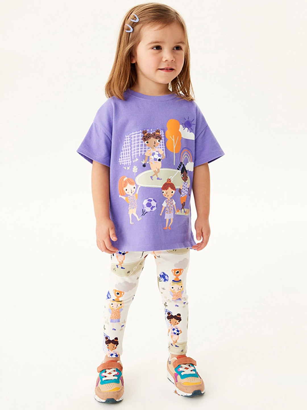 

LULU & SKY Girls Printed Pure Cotton T-shirt With Leggings, Purple
