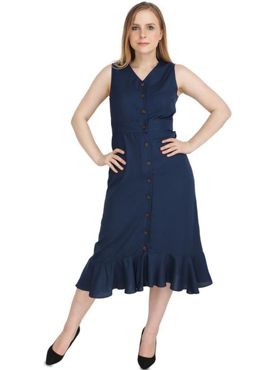 

JAKANARY Women Georgette Fit and Flare Dress, Navy blue