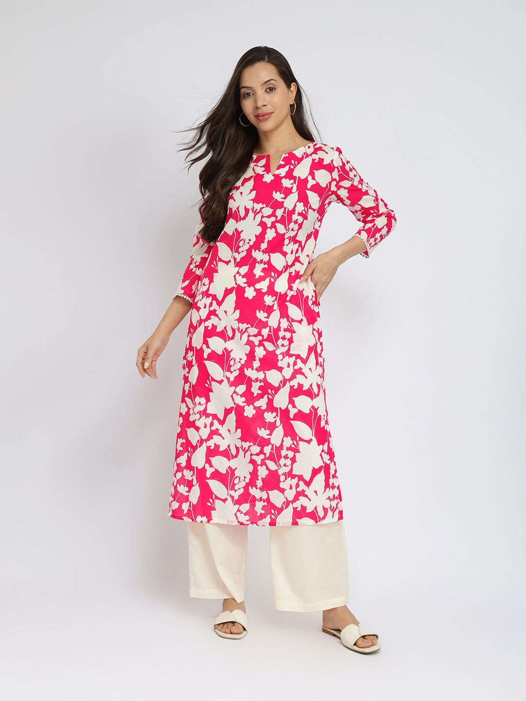 

Pink Fort Floral Printed Cotton Straight Kurta, Red