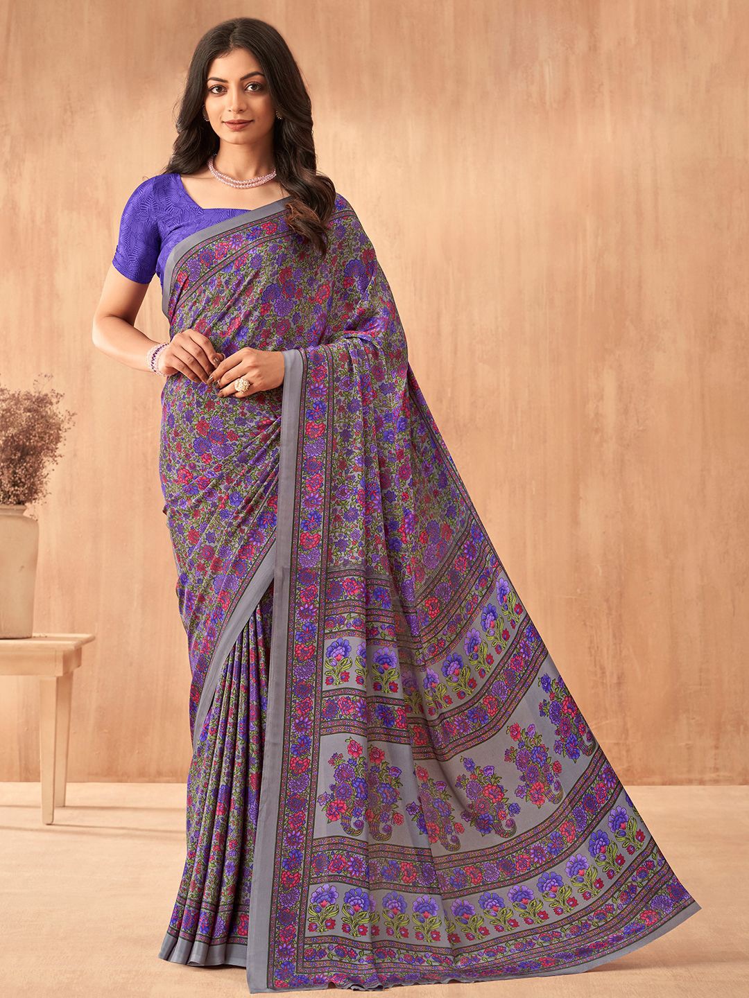 

LeeliPeeri Designer Floral Printed Saree With Unstitched Blouse Piece, Purple