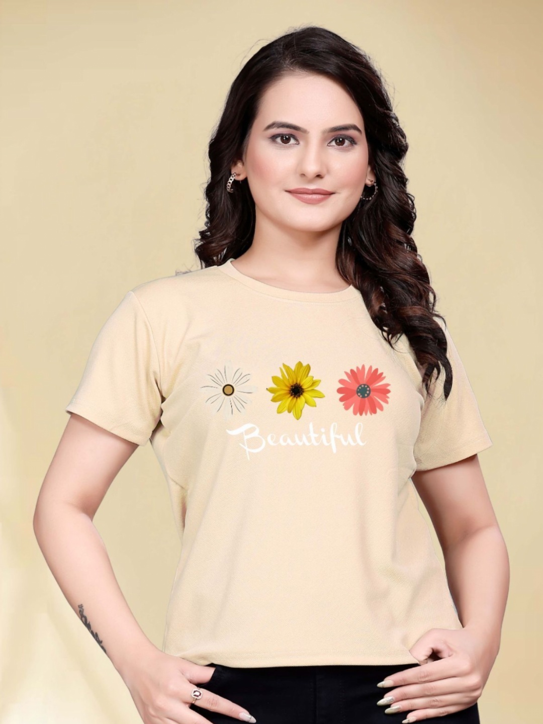 

Moda Rapido Women Printed Round Neck Tshirt, Cream