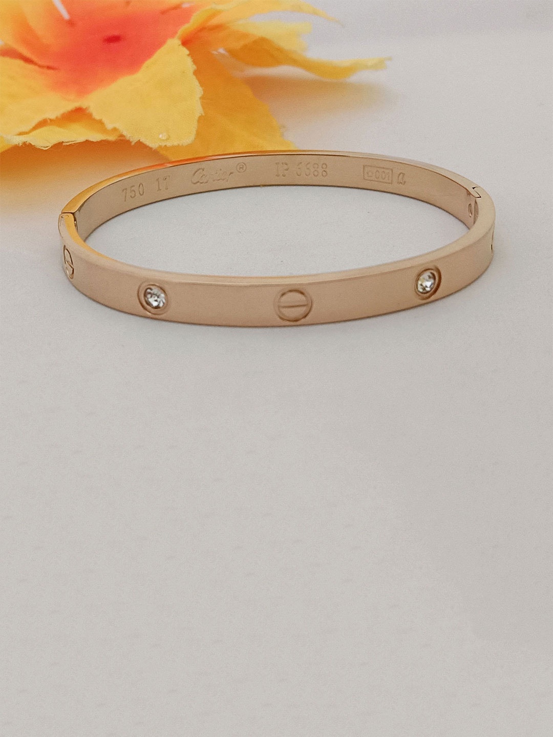 

EVY Korean Stainless Steel Rose Gold-Plated Cubic Zirconia Adjustable Kada Bracelet